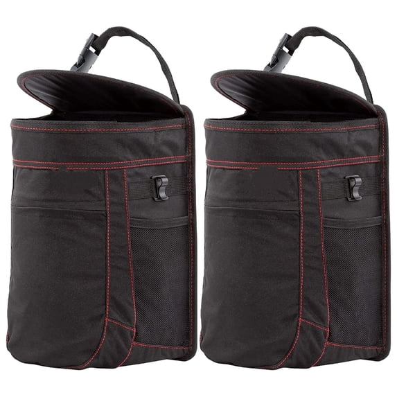 Spill-Proof Car Trash Can (2 Pack) - Easy to Clean Hanging Garbage Bin - Leak-Proof, Removable Liner, Waterproof - Keeps Truck, SUV, Car, Minivan Clean & Odor Free (Black, Red Stitching)