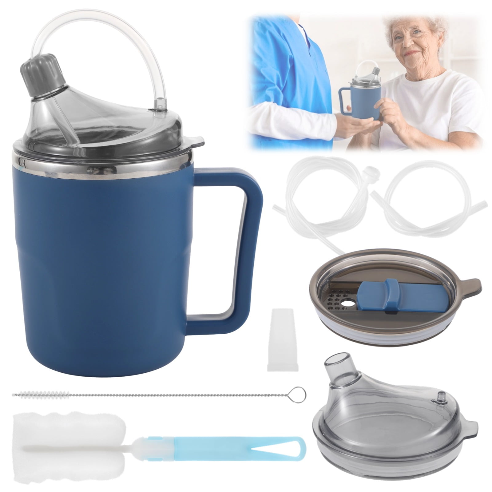 Spill-Proof Cup for Elderly, 13.5 oz Adult Sippy Cup, Non-Spill Feeding Cup with Straws & Brushes, Leakproof Porridge Mug, 3-in-1 Care Mug for Bedridden Patients