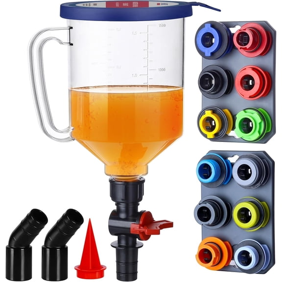 Spill-Proof Engine Oil Funnel Kit|Oil Change Funnel with 12 Adapters & 2  Adapter Organizer Boards|Transparent  w/Scale & Shut-Off Valve|Universal Fit