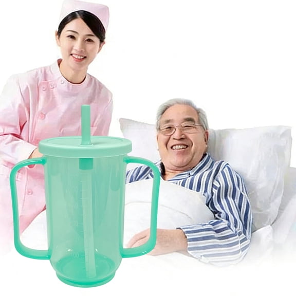 Spill-Proof Nursing Cup with Handles | Anti-Choking Leak-Proof Water Mug for Elderly, Postpartum, Bedridden Patients | Food-Grade Plastic, Hidden Straw, Air Vent, 20x12.5cm, Green or Red