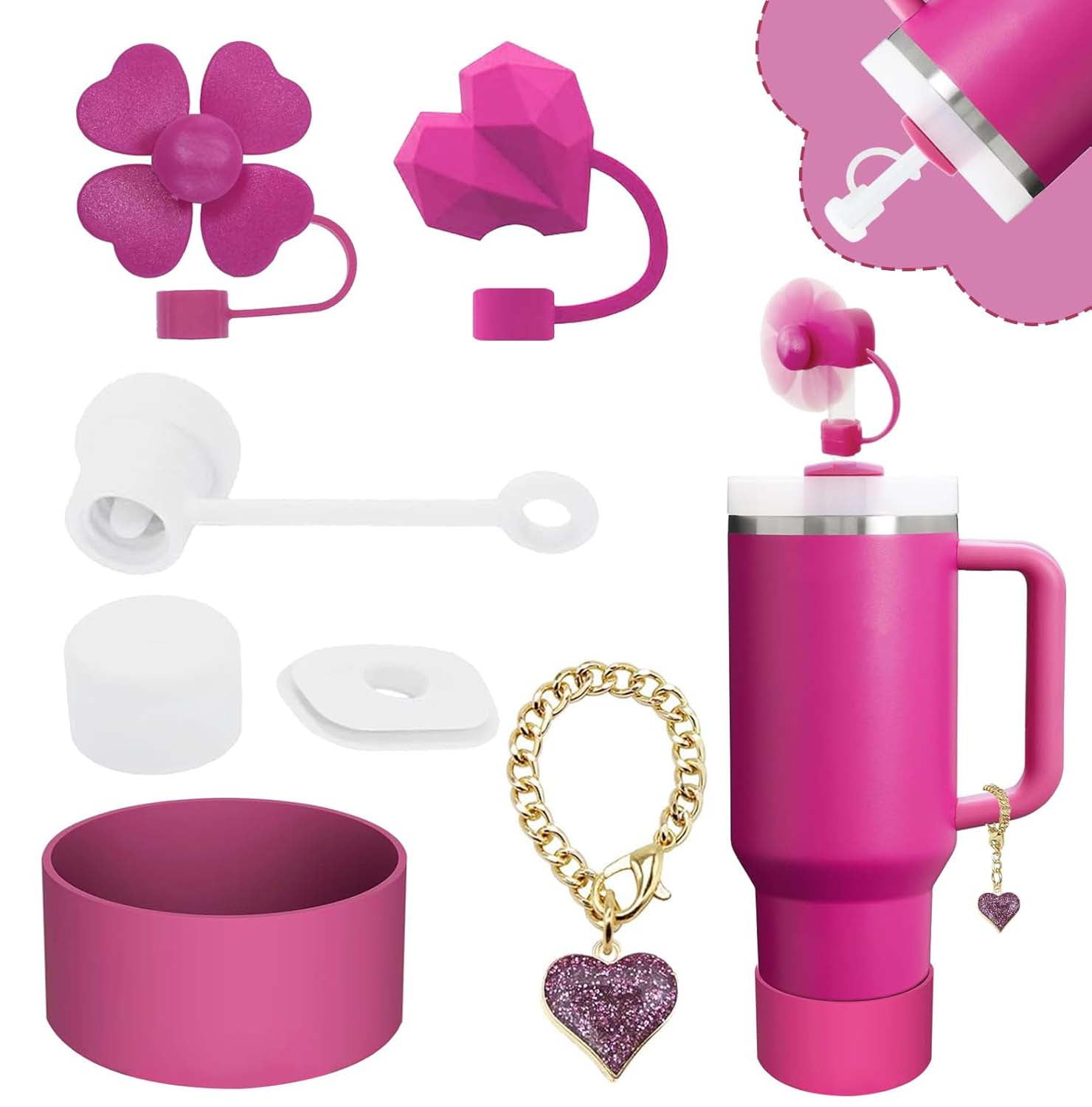 6-Piece Stanley Cup Accessories Set – Glitter Letter Charm, Silicone Straw Cover, Boot, Sticker, Spill Stoppers