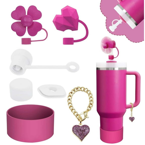 Spill-Proof Stopper and Cup Accessories for Stanley, Silicone Straw Cover Cap Straw Toppers Flower Charm Cup Boots Fits Stanley 40&30 oz Tumbler, Hot Pink