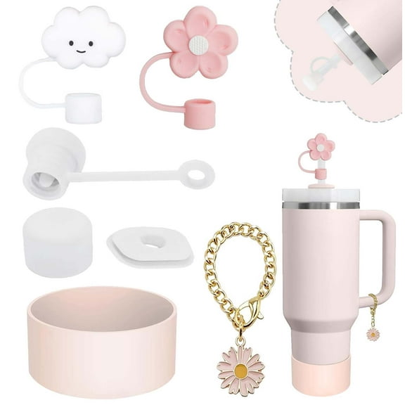 Spill-Proof Stopper and Cup Accessories for Stanley, Silicone Straw Cover Cap Straw Toppers Flower Charm Cup Boots Fits Stanley 40&30 oz Tumbler, Pink