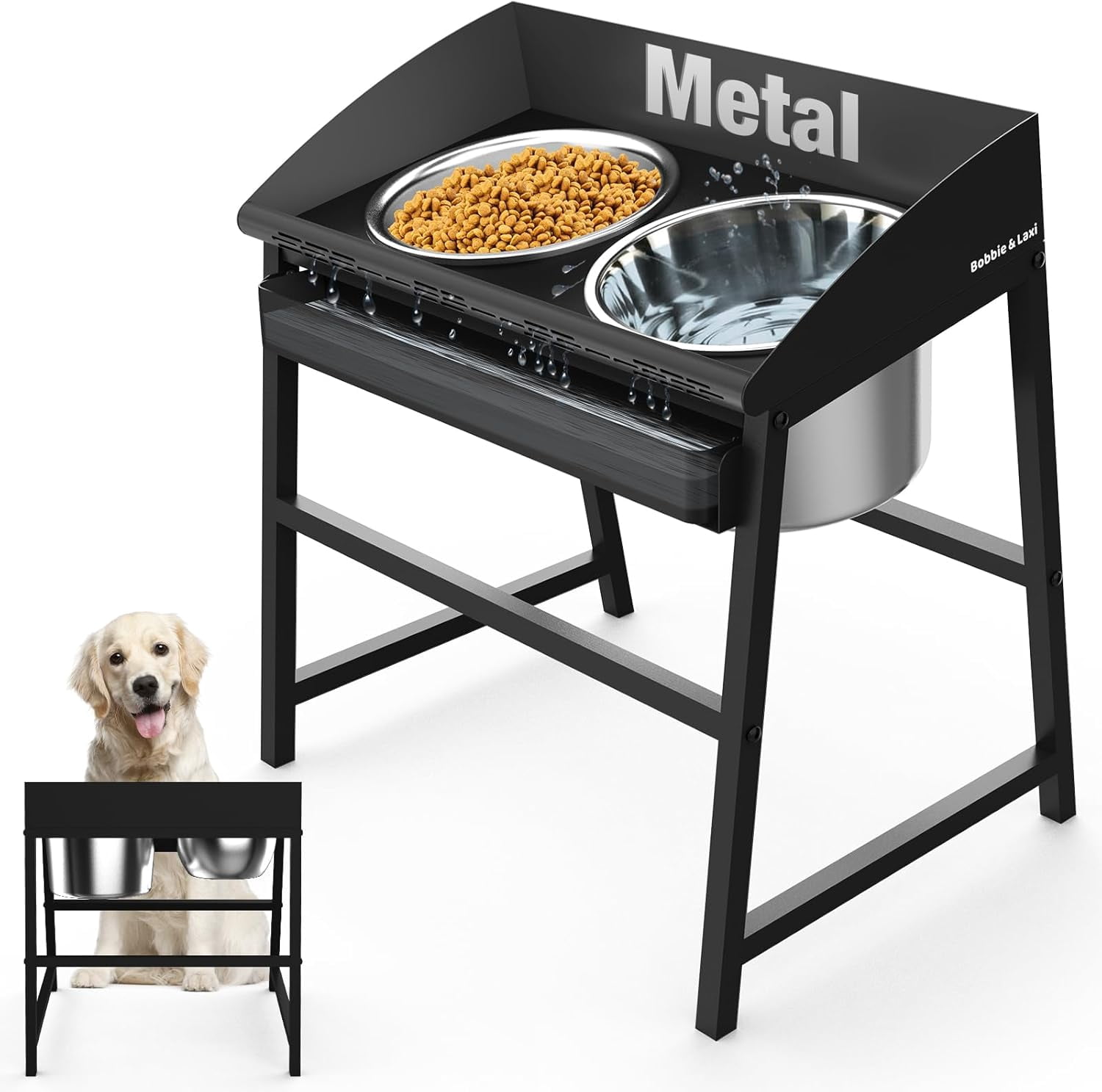 Spill Proof Tilted Elevated Dog Bowls for Large Breed, 15“ Tall Raised Dog Bowl with Stand, Stainless Steel Dog Food Bowl & Water Bowl Set for Indoor & Outdoor Use, Easy Clean Large Dog Bowl Dog Dish