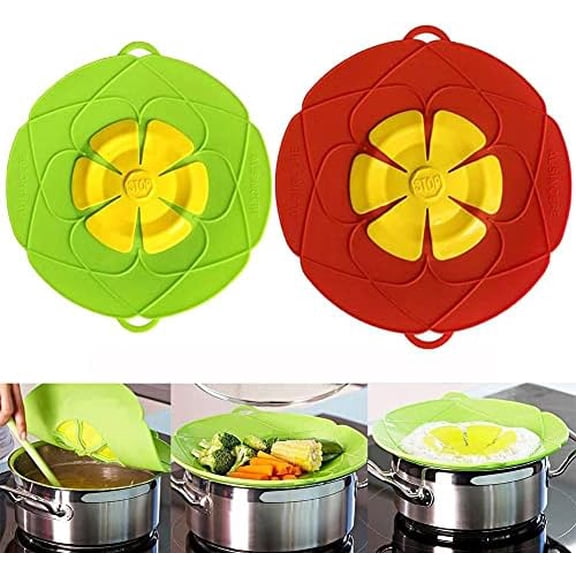 Spill Stopper Lid, Anti Spill & Boil Over Safeguard, Silicone Pot Cover, Multi-Function Kitchen Tool (11"(Red)+10.2“(Green))