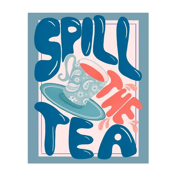 Spill the tea - red and blue - Illustration Typography Quote Humor Modern Art Pop Art Kitchen Decor Unframed Wall Art Print 9 x 12 inches