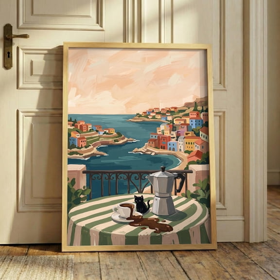 Spilled Coffee Cat Print , Retro Kitchen Wall Art, Amalfi Coast , Black Cat Poster, Moka Pot Decor, Coffee Lover Gift , Poster Print Only
