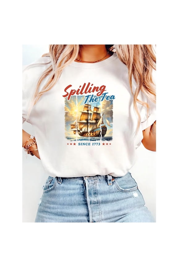 Spilling The Tea Since 1773 Pirate Ship Pattern Womens & Mens T Shirts Funny Graphic Tees Casual Tops White,M