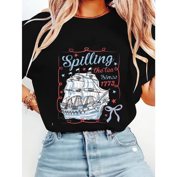 Spillin-The-Tea Since 1773 Graphic Tees Fashion Print T Shirts Short Sleeve Casual Pattern Tops for Mens & Womens Daily Outfits Black,M