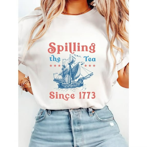 Spillin-The-Tea Since 1773 Print T Shirts Fashion Graphic Tees Short Sleeve Casual Tops for Mens & Womens Daily Outfits White,M