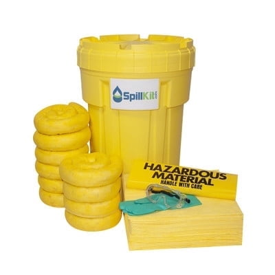 Spillkit Emergency Response Chemical Biological Spill Kit - Includes 30 Gallon Drum, Absorbent Pads & Socks, Disposal Bag, & Safety Equipment
