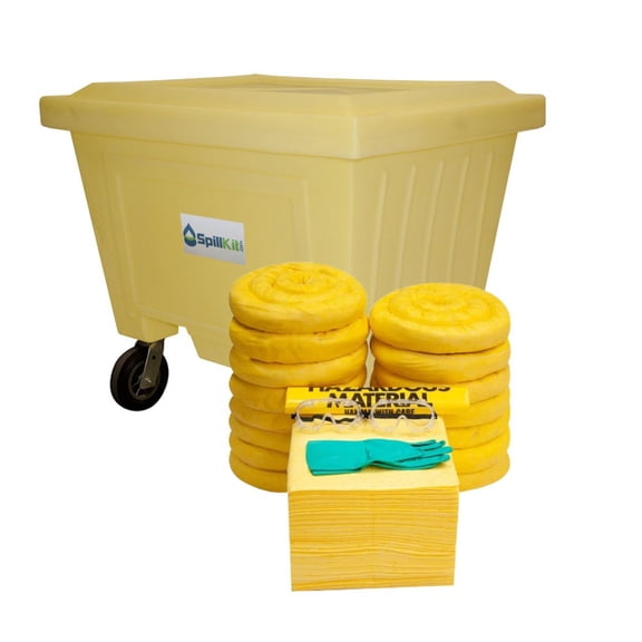 Spillkit Emergency Response Chemical Biological Wheeled XL Tote Spill Kit - Includes 150 Gallon Tote, Absorbent Pads & Socks, Disposal Bag, & Safety Equipment