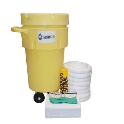 Spillkit Emergency Response Wheeled Oil Spill Kit - Includes 50 Gallon Drum, Absorbent Pads & Socks, Disposal Bag, & Safety Equipment