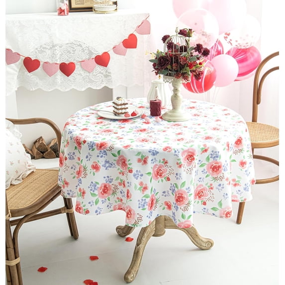 Spillproof Red Floral Spring/Summer Fabric Tablecloth, Rose Table Cloth for Round Tables, Picnic/Patio Flower Table Covers for Mother''s Day,Parties,Wedding Use (60 Inch Round)