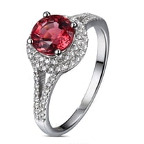 Spilt Shank 2 Carat 6mm Round Cut Red Ruby And Moissanite Diamond Halo Engagement Ring in 10k White Gold for Women