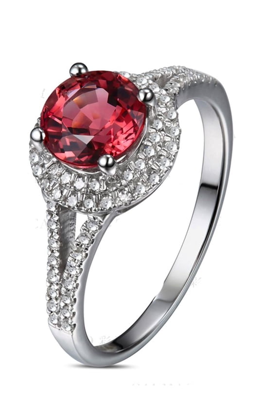 Spilt Shank 2 Carat 6mm Round Cut Red Ruby And Moissanite Diamond Halo Engagement Ring in 10k White Gold for Women