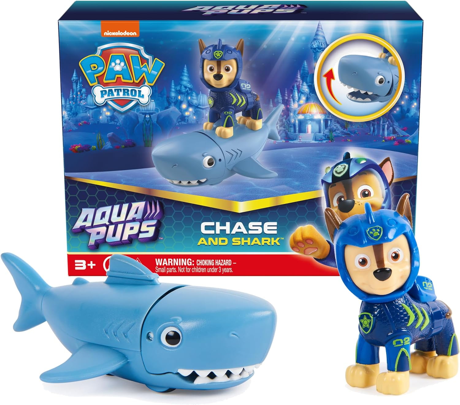 Spin Master Aqua Pups Chase and Shark Action Figure Set, Collectible Toy, Aquatic Pal, Blue, 3+