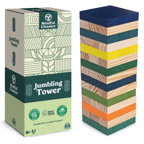 Spin Master Games Mindful Classics, Jumbling Tower Sustainable Wooden Blocks Tumbling Toppling Bamboo Wood Party Stacking Game, for Adults and Kids Ages 8 and up