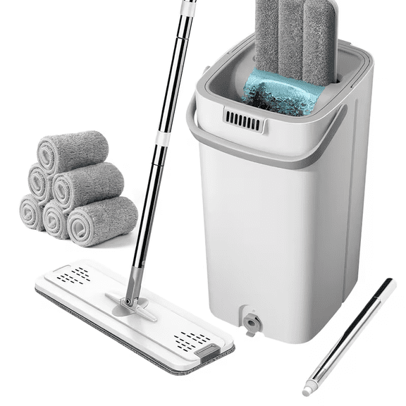 Spin Mop And Bucket Set With 6 Microfiber Pads, 360 Rotating Flat Mop, Hands-Free Wet And Dry Floor Cleaner