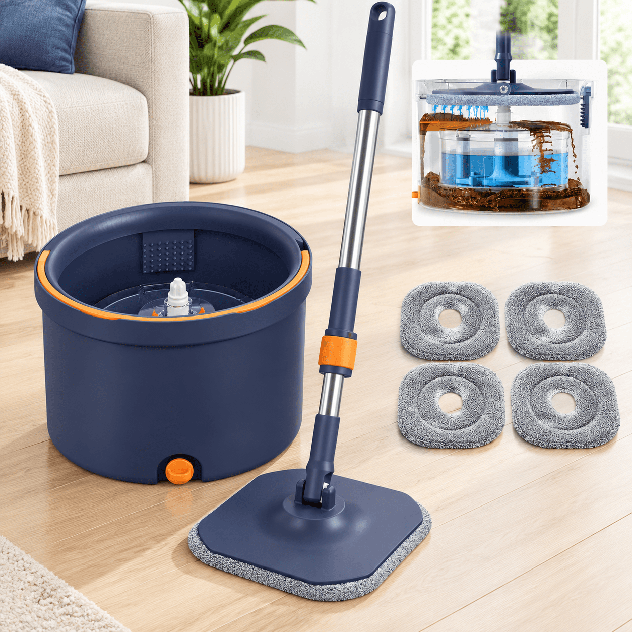 Meat Mop Spin Mop And Bucket Set With Separate Dirty Water System Deep-cleaning ...