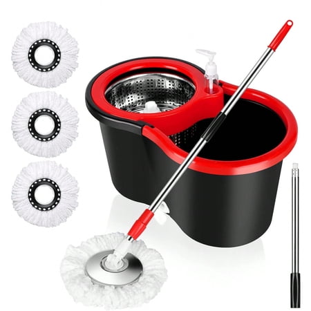 Spin Mop And Bucket With Wringer Set With 3 Microfiber Mop Replacement Heads And 61" Stainless Steel Adjustable Handle For Floor Cleaning