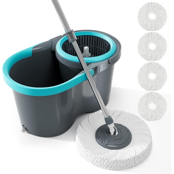 Spin Mop and Bucket, 360 ° Mop Head & Telescopic Handle, Wet and Dry Use, 4 Reusable Microfiber Refills, Hands-Free Cleaning for Hardwood, Tile, Laminate Floors & Walls