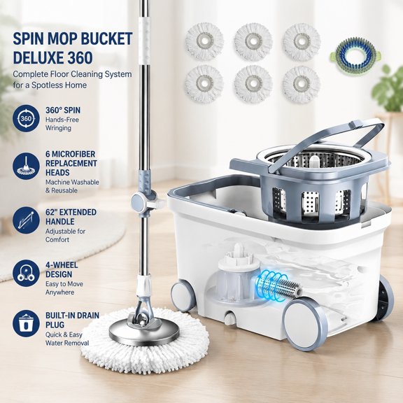 Spin Mop Bucket Deluxe 360 Spinning Floor Cleaning System with 6 Microfiber Replacement Heads, 62" Extended Handle, 4-Wheel Design for Easy Home Cleaning