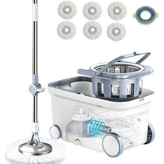 Spin Mop Bucket Deluxe 360 Spinning Floor Cleaning System with 6 Microfiber Replacement Head Refills,62" Extended Handle,4X Wheel for Home Cleaning