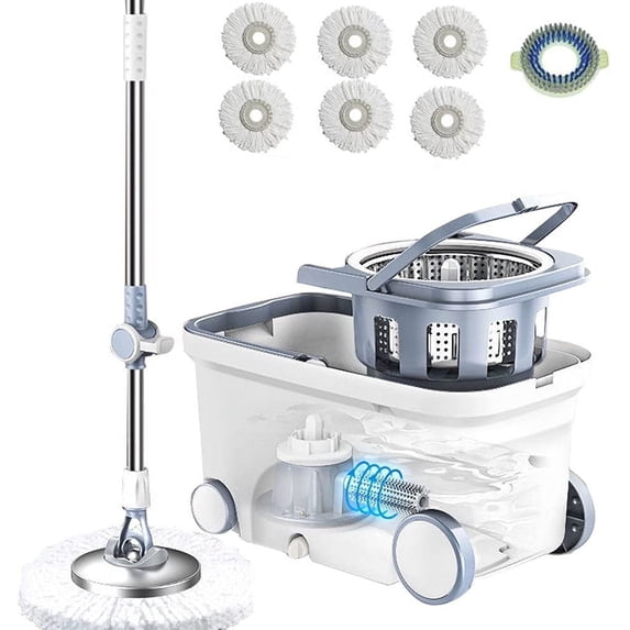 Spin Mop Bucket Deluxe Spinning Floor Cleaning System with Microfiber Replacement Head Refills, Extended Handle, Wheel for Home Cleaning