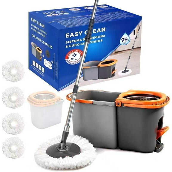 MRSUNKI Spin Mop Bucket Set with Detachable Buckets, Easy Wringing, 4 Reusable Mop Pads, Adjustable Handle for All Hard Floors