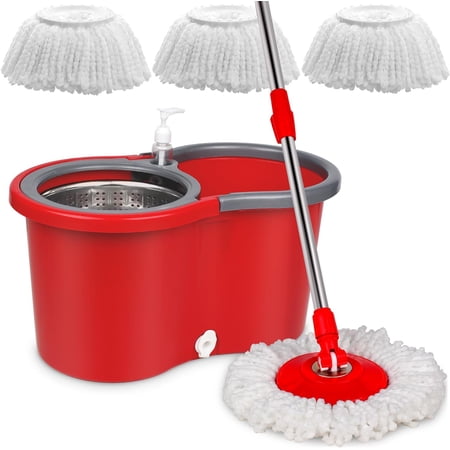 Spin Mop and Bucket, Microfiber Spin Mop & Bucket Floor Cleaning System, Spin Mop Kit with 3 Mop Heads, Mop with Stainless Steel Wringer, 61 inches Telescoping Mop Rod (Red)
