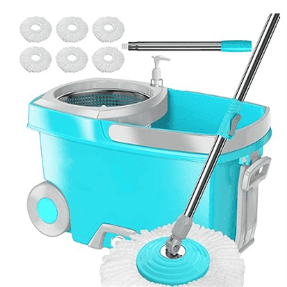 Spin Mop and Bucket,Mop and Bucket with Wringer Set for Home,360 Spinning Mopping Floor Cleaning Tool with 6 Microfiber Replacement Head Refills,61" Extended Handle, 2X Wheel - Blue