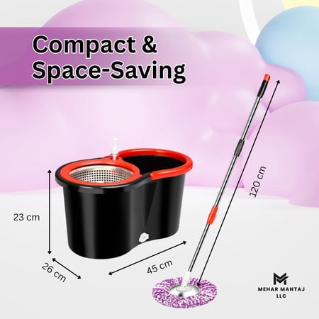 Spin Mop & Bucket Set with 2 Microfiber Mop Heads – 360° Rotating Stainless Steel Handle, Telescopic Pole (90–120cm), Hands-Free Cleaning System – Multi-Surface Floor Mop for Home & Office