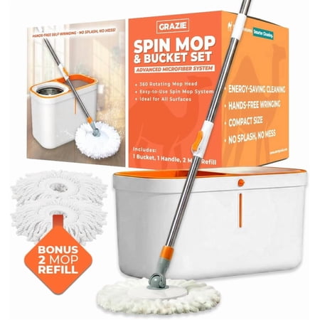 Spin Mop & Bucket Set - 360° Self-Wringing System, Stainless Steel Handle Hands-Free Floor Cleaning for Hardwood, Tile, Laminate Includes 2 Washable Microfiber Head Refills