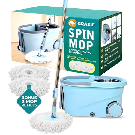 Spin Mop & Bucket Set - 360° Self-Wringing System with Wheels, Stainless Steel Handle Hands-Free Floor Cleaning for Hardwood, Tile, Laminate Includes 2 Washable Microfiber Head Refills