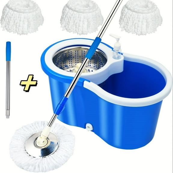 Spin Mop & Bucket Set, 360° Spin, 3 Mop Heads, 61" Adjustable Handle for Bathroom Cleaning