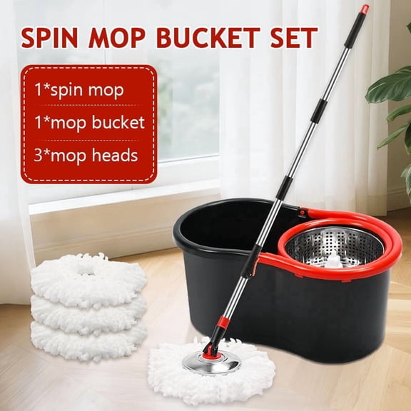 Spin Mop and Bucket Set, 360 Spin Cleaning System with 3 Microfiber Mop Heads, Stainless Steel Adjustable Handle, All-in-One Floor Cleaning Kit for Home & Office