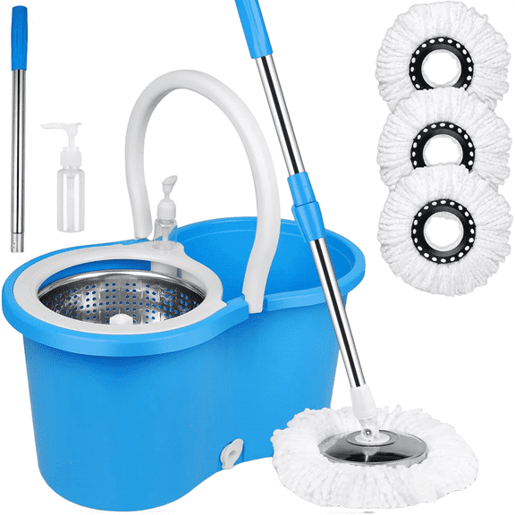 Spin Mop and Bucket Set, 360° Spin Mop and Bucket with Wringer Set and 3 Microfiber Mop Refills and 61" Extended Handle, Spinning Mop Bucket for Floor Cleaning, Blue
