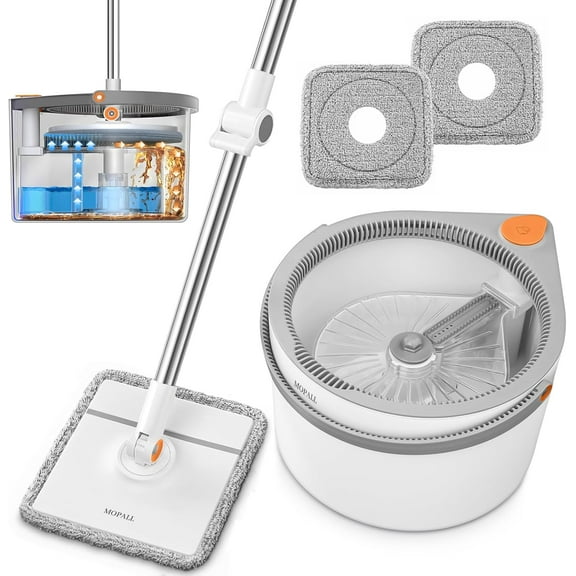 Spin Mop and Bucket Set, Dual Chambers Dirty and Clean Water Self Separation for Floor Wall Window, Wet and Dry Mop and Bucket with Wringer Set for Home (1 Square Mop with 2 Microfiber Pads)
