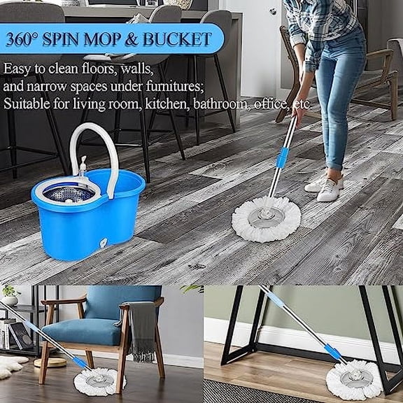 Spin Mop and Bucket Set, Mop and Bucket with Wringer Set, 360Spin Mop Kit with 2 Extra Microfiber Mop Replacement Heads, Spinning Mop Bucket System for Floor Cleaning (Blue)