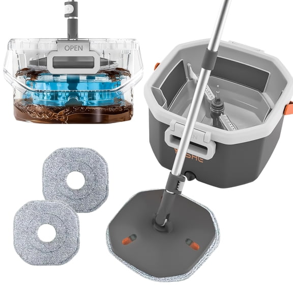 Spin Mop and Bucket Set with Removable Inner Clean Water Bucket, 360 Rotating Microfiber Mop for Hardwood, Tile & Laminate Floor Cleaning, Includes 2 Washable Mop Heads, White/Grey