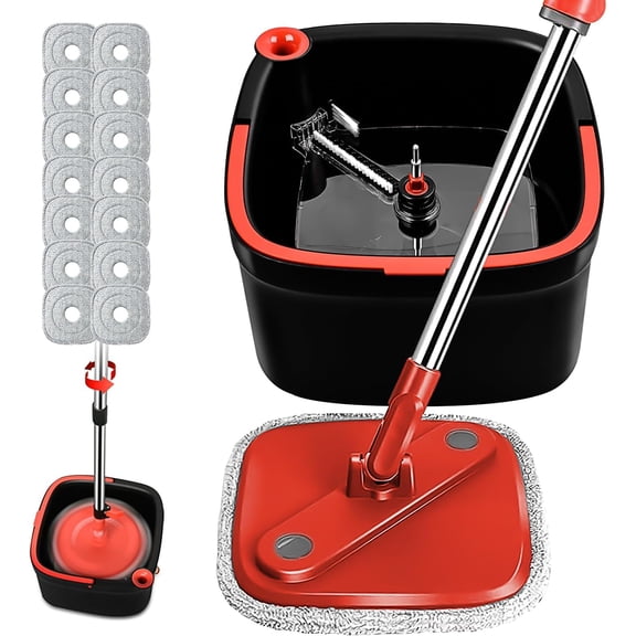 Spin Mop and Bucket Set with Self Separation Dirty and Clean Water System with 14 Pads, Square Mop Bucket Self Wringing 360° Rotating Clean Mop-Head for Hardwood Tile Marble Floors (Black+Red