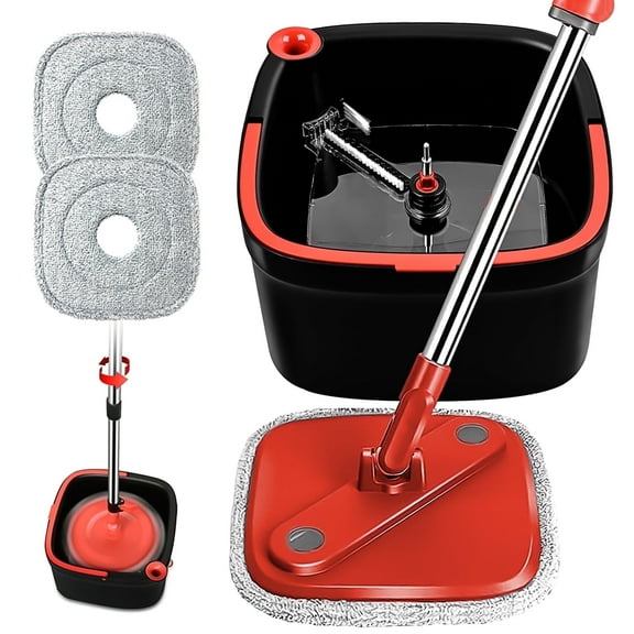 Spin Mop and Bucket Set with Self Separation Dirty and Clean Water System, Self Wringing 360° Rotating Square Mop-Head for Hardwood Tile Marble Floors(Black)