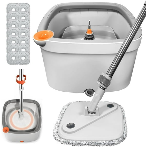 Spin Mop and Bucket Set - Self - Separation System, 360° Spinning Self - Wringing, Square Bucket with Wringer, 14 Replaceable Mop Cloths for Floor Cleaning