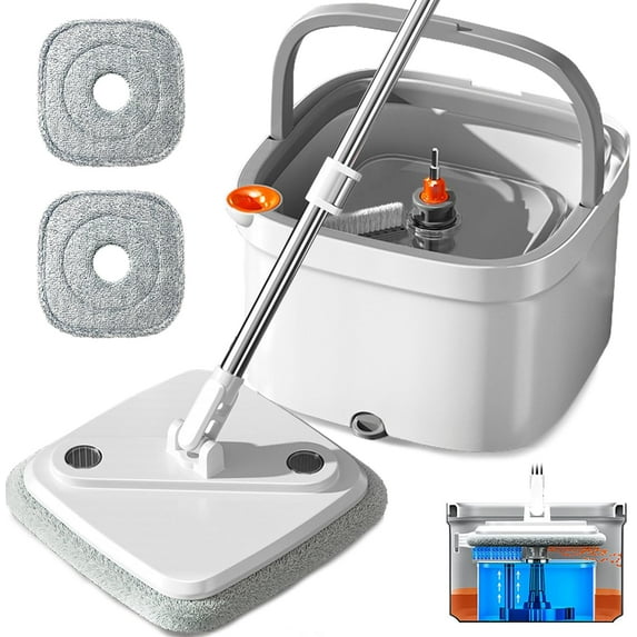 Spin Mop and Bucket Set with Self Separation System 360° Spinning Self-Wringing, Square Clean Mop and Bucket with Wringer (Spin Mop and Bucket Set-2Pads)