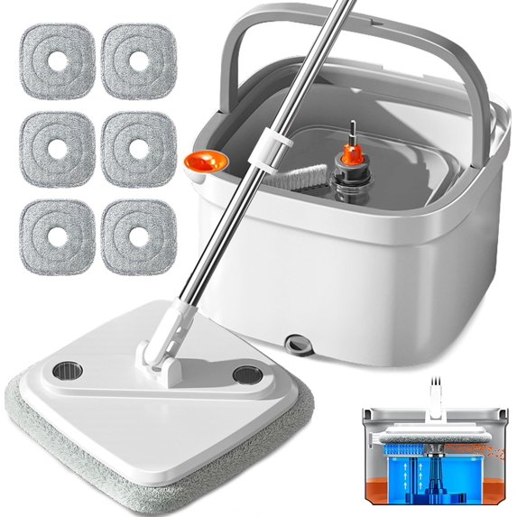Spin Mop and Bucket Set with Self Separation System 360° Spinning Self-Wringing, Square Clean Mop and Bucket with Wringer-with Replaceable Mop Cloths-6Pads