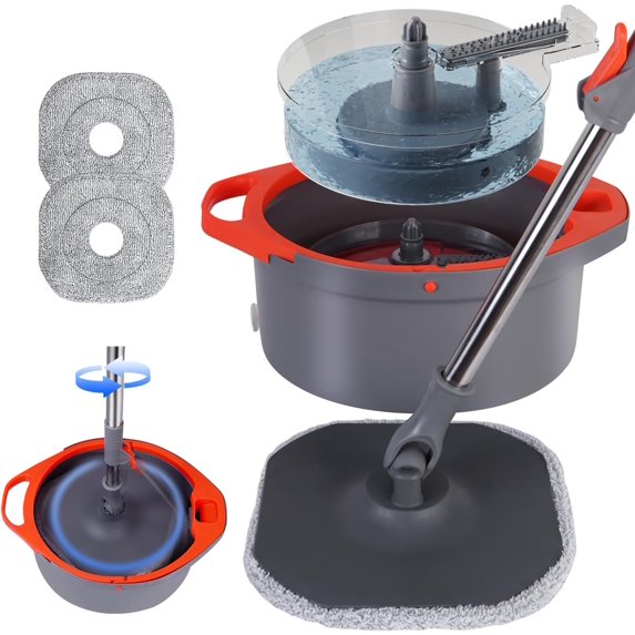 Spin Mop and Bucket Set with Separate Dirty Clean Water,360° Self Cleaning System Widened Foldable Handle,2 Replaceable Pads,Square Mops for Floor Tile Marble Wall