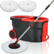 Spin Mop and Bucket Set, Stainless Steel Mop Bucket with Wringer, Microfiber Spin Mop Bucket with Wheels, 3 Mop Refills, 61" Telescoping Handle, Black & Red