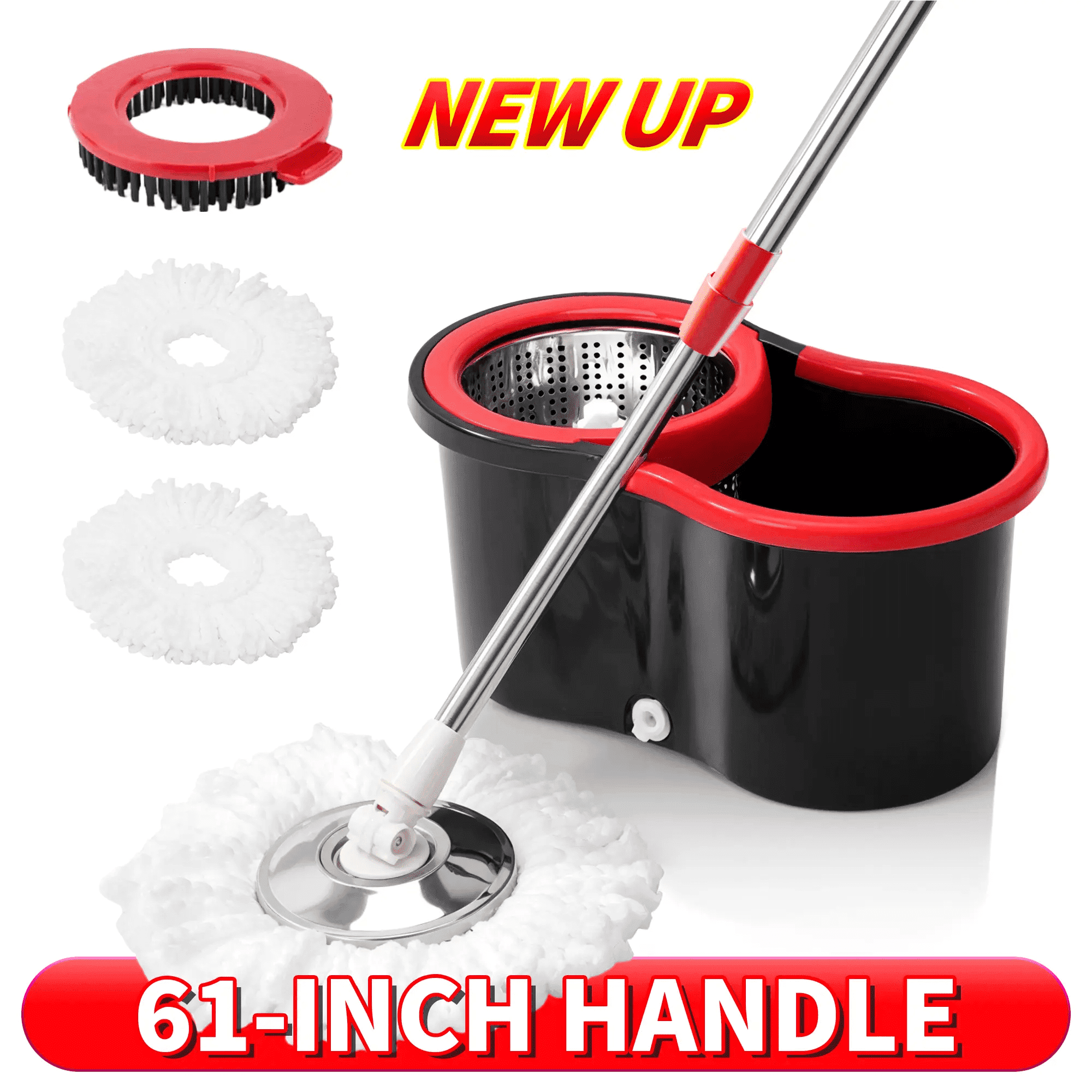 Spin Mop and Bucket Set with Wringer, 360 Degree Rotating Floor Mop, 61 Inch Adjustable Stainless Steel Handle, 3 Microf