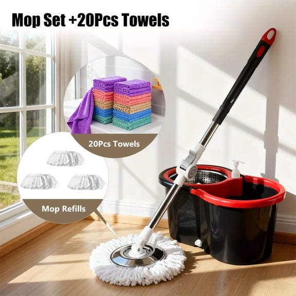 Spin Mop & Bucket Set with Wringing System, 360° Spin, 3 Microfiber Heads, for Hardwood, Tile, Marble Floors, Home & Bathroom Use